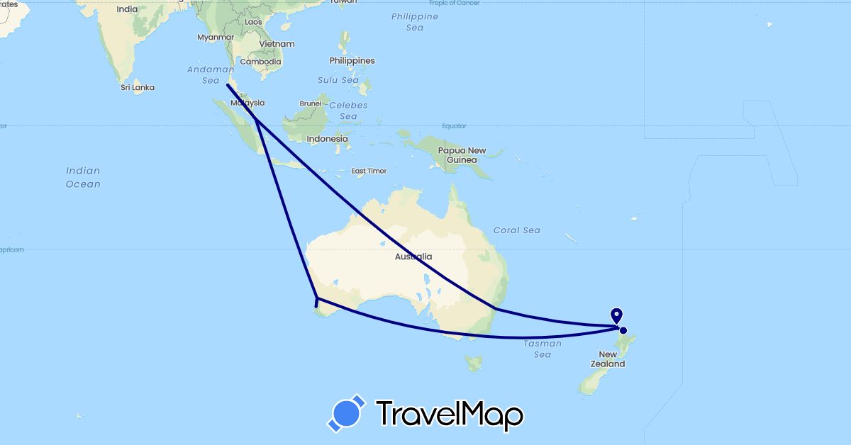 TravelMap itinerary: driving in Australia, New Zealand, Singapore, Thailand (Asia, Oceania)